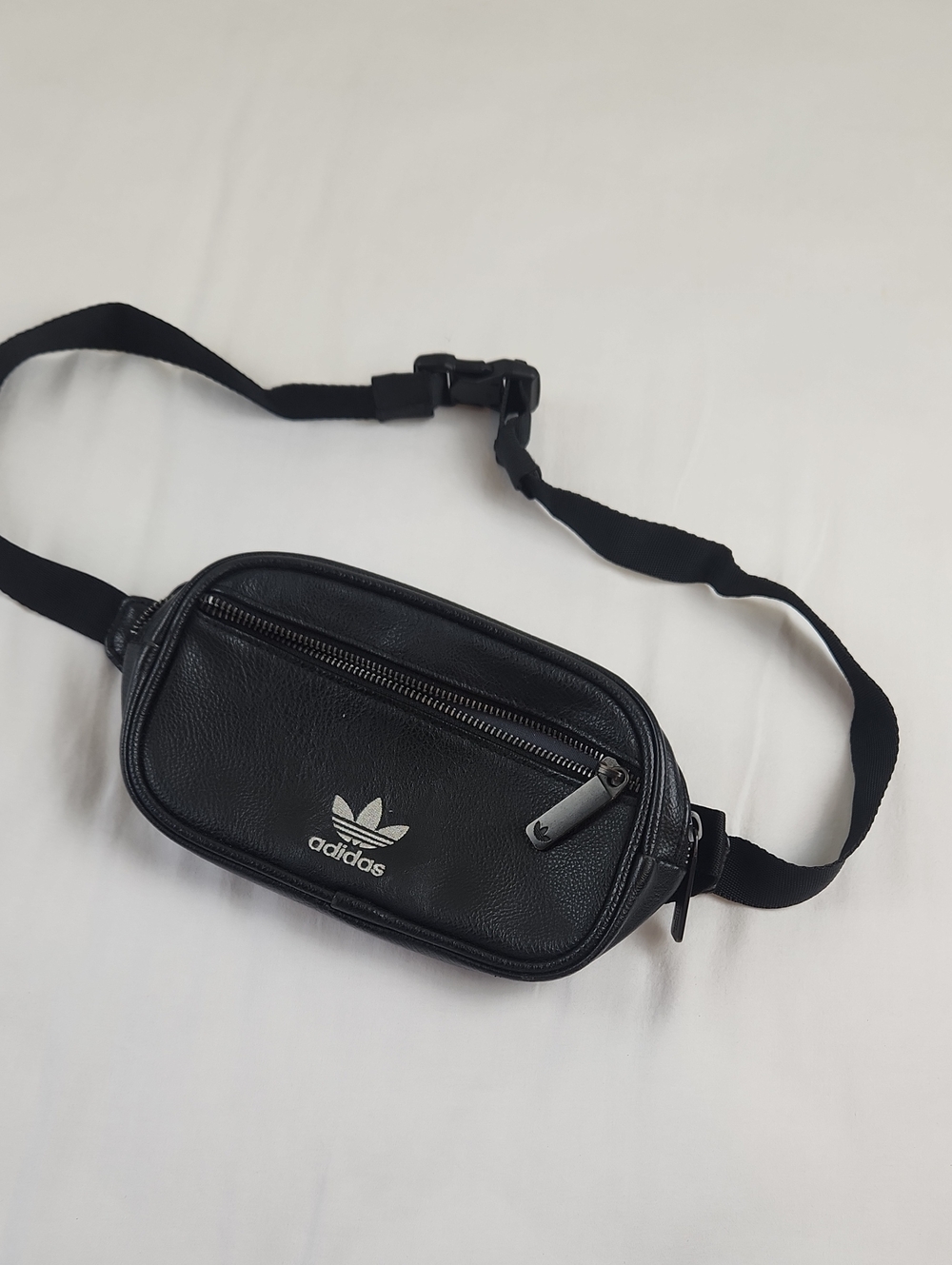 Adidas Black Faux Leather Waist Bag, Silver Trefoil Logo